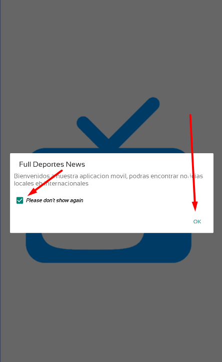 Mensaje de bienvenida en la app