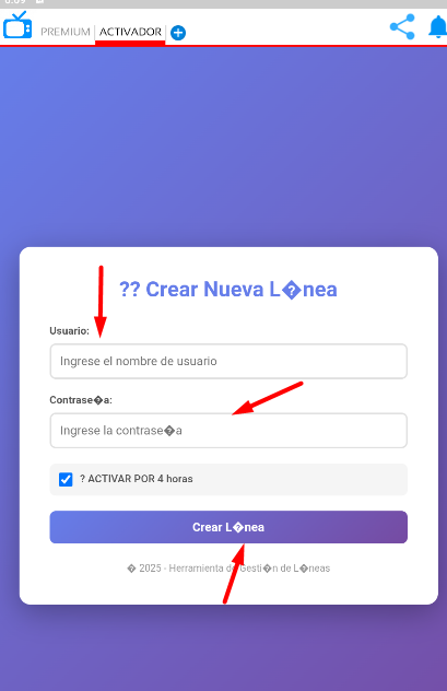 Pantalla para crear nueva línea